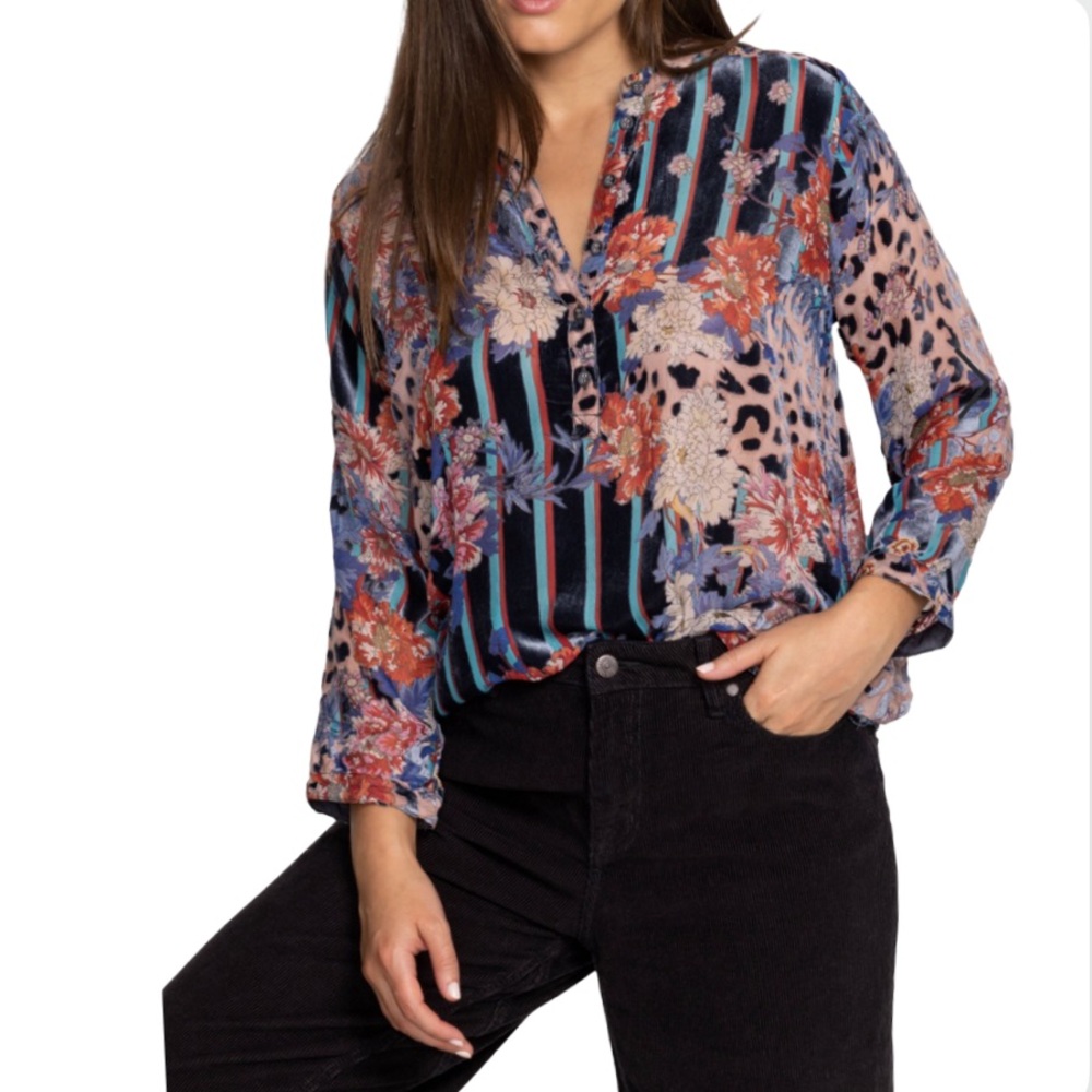 NWT Floral Stripe Mixed-Print V-Neck Tunic Top - Blue Multi Size S - Picture 5 of 11